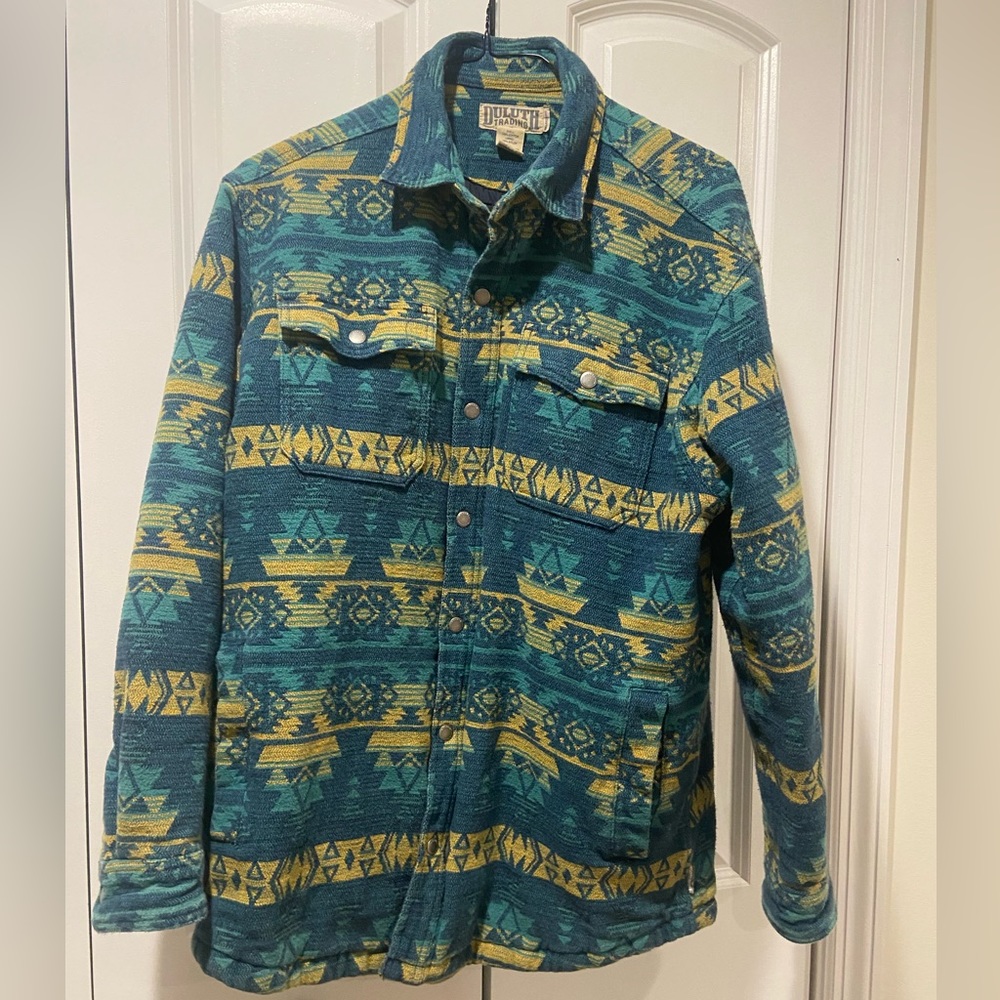 Men’s Duluth Aztec Warm Blue Green and Yellow Nylon Lined Jacket, size M
